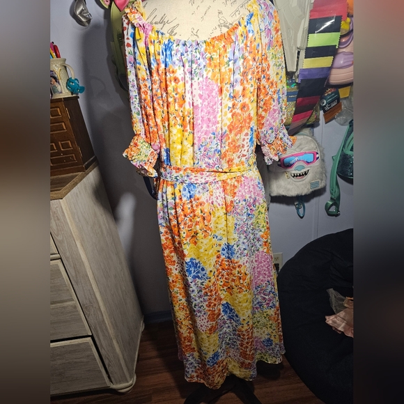 Nine West Flowy Spring Dress Size 12 With Belt Puff Sleeves - Picture 5 of 8